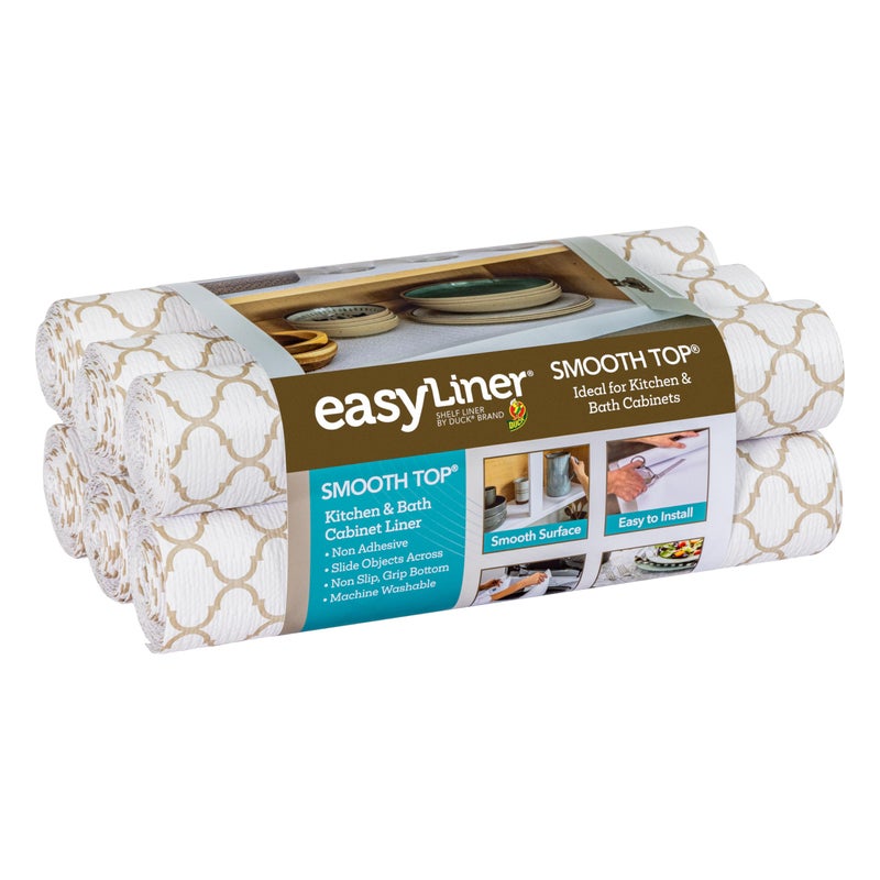 Duck Smooth Top EasyLiner for Cabinets & Drawers - Easy to Install & Cut to Fit - Shelf Paper & Kitchen Drawer Liner Non Adhesive - Non Slip Shelf Liner - 12 Inch Width - 60 Total Feet - Taupe Quatrefoil - Image 1